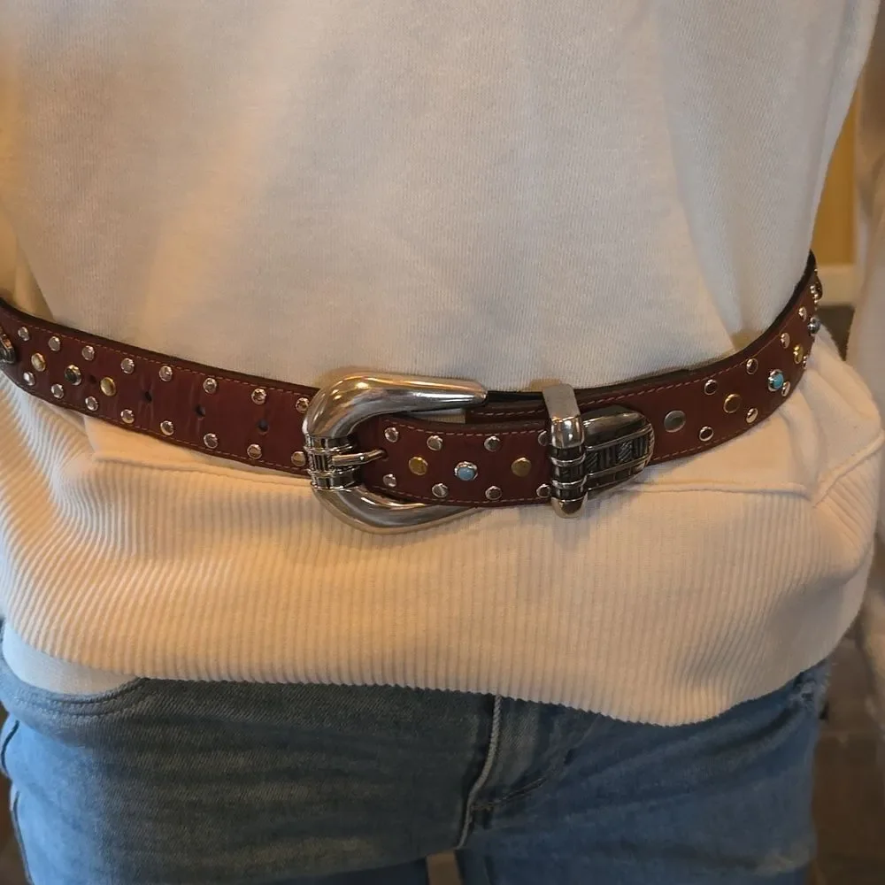 Western Studded Brown Leather Belt with Silver Buckle,34' Inch NWOT!